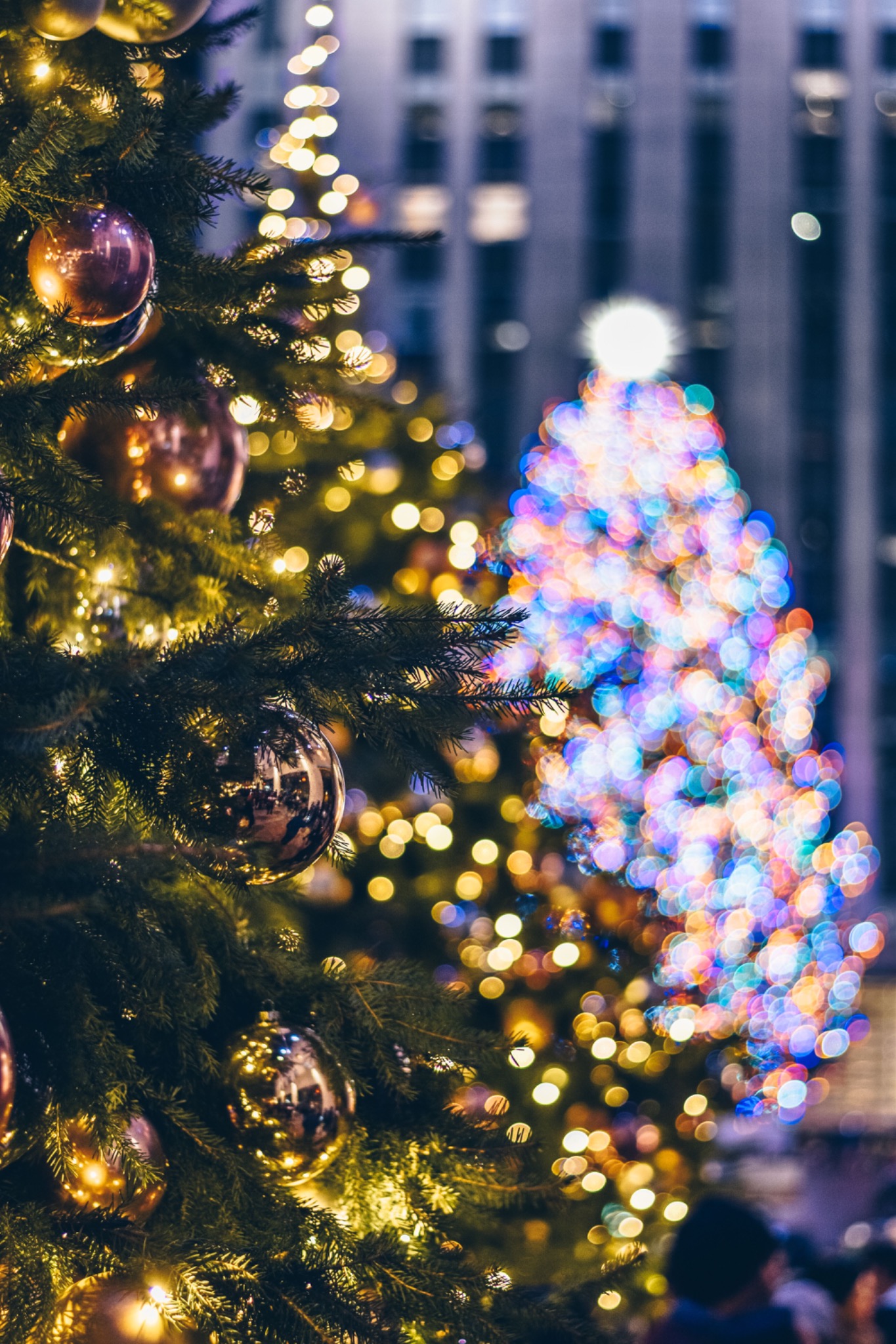 Christmas tree with warm white lights and colorful holiday bokeh